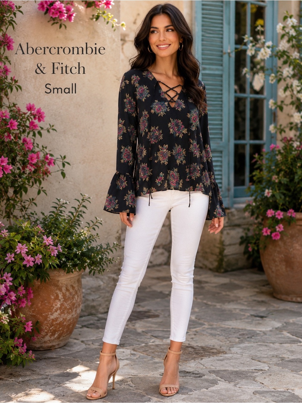 Abercrombie & Fitch Small Black Paisley Lace-Up Bell Sleeve Boho Blouse